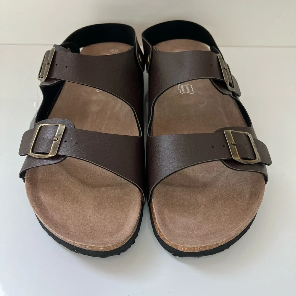 NEW Men's Size 12 Brown Leather Cork Footbed Sandals Slip on with Buckle Straps